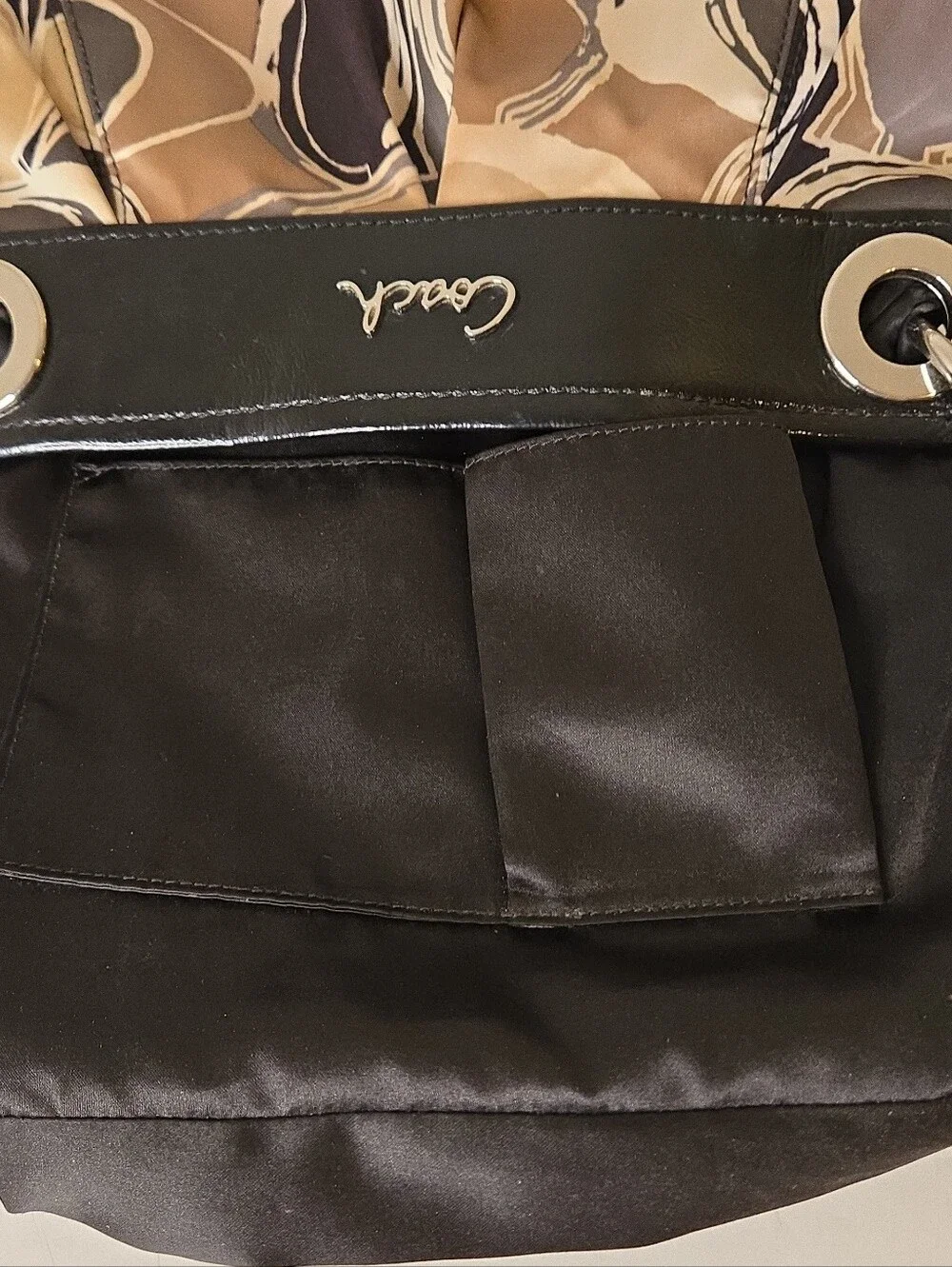 Coach Signature Sateen Ashley Scarf Print Black and Tan Shoulder Bag F17649